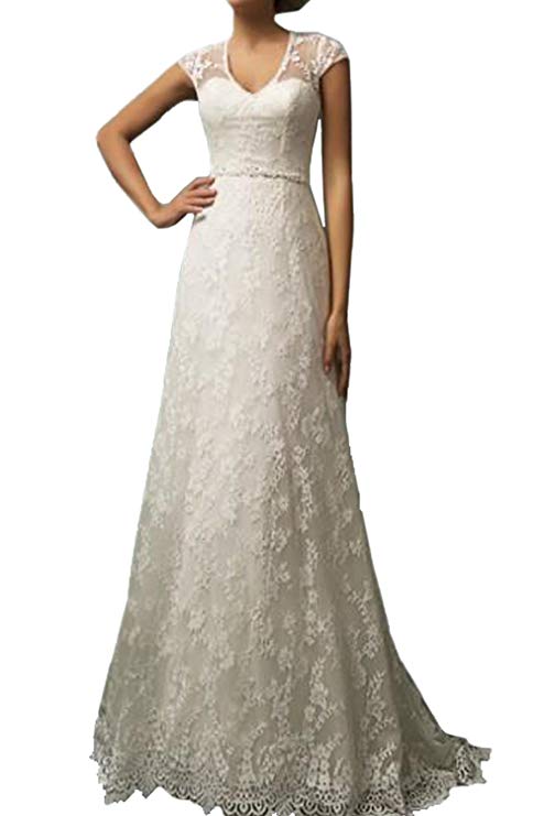 Honey Qiao Vintage Lace Country Wedding Dresses Cap Sleeve Sheer Boho A Line Bridal Gowns