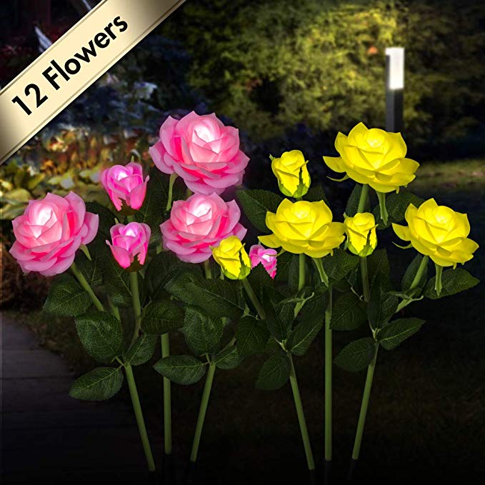 Outdoor Solar Garden Stake Lights [Set of 6] Flower Path Solar Light with 12 Flowers, Garden Decor Statues Pathway Landscape Lighting Lights for Patio Yard Decoration(Yellow and Pink)