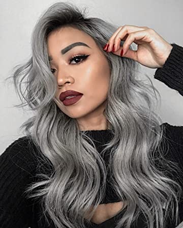 Chantiche Grey Wigs for Women Grey Ombre Wig with Dark Roots 2 Tones Long Wavy Synthetic Lace Front Wig Sliver Grey Long Ombre Wig Heat Resistant