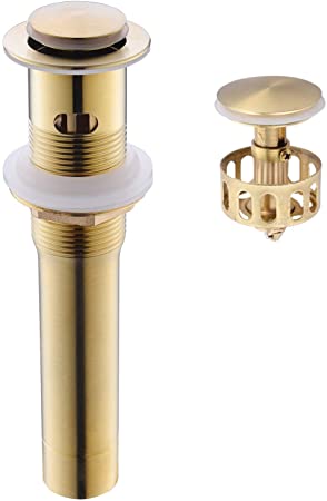 Brushed Gold Lavatory Pop Up Drain Assembly With Overflow & detachable hair catcher, sold by Phiestina