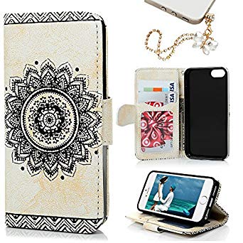 MOLLYCOOCLE iPhone SE & 5 & 5S Case, Stand Wallet Premium PU Leather Skin Cover Magnetic Flip Folio TPU Cushion Bumper Embossed Flower Design Cover Case for iPhone SE / 5 / 5S, Beige