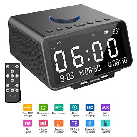 SROCKER Alarm Clock FM Radio,with Wireless Bluetooth Player,USB Fast Charge Port, TF Card Play,LED Display, Dual Alarm, Indoor Temperature/Day/Date Display,Nap/Sleep Timer for Bedroom (Black)