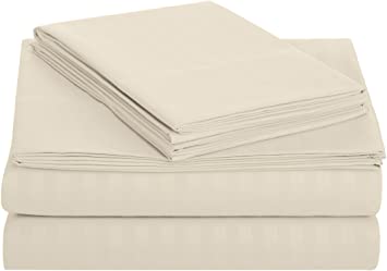 AmazonBasics Deluxe Striped Microfiber Bed Sheet Set - Queen, Beige