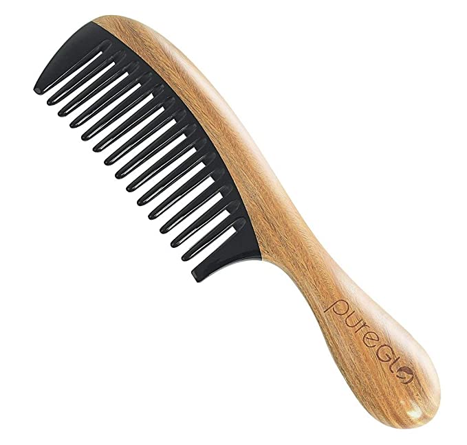 pureGLO No Static Detangling Wooden Combs - Natural Aroma Green Sandalwood Buffalo Horn Detangler Comb, Gift for Men Women and Kids (Wide Tooth Comb)