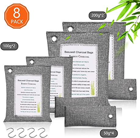 Activated Bamboo Charcoal Bags (8 Pack - 2x200g 2x100g 4x50g) with 4 Hooks, Charcoal Bags for Home and Car (Pet Friendly)