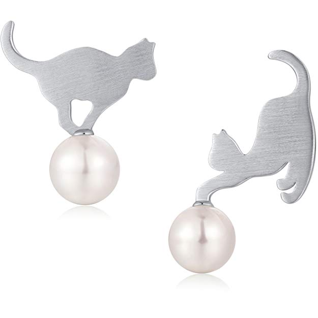 ZowBinBin Cat Ear Stud Earrings Freshwater Cultured Shell Pearl Stud Earrings Sterling Silver Cat Ear Studs Earrings