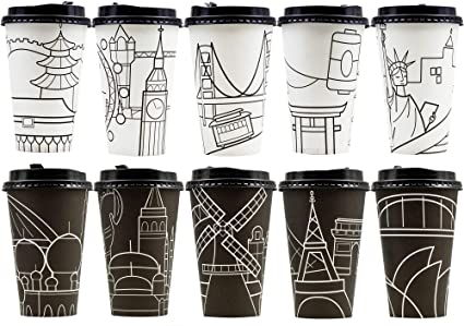 Youngever 70 Pack City Skyline Hot Coffee Cups Durable Paper Cups with Travel Lids, 480ml Disposable Cups For To Go Travel Mug Office Party Favor