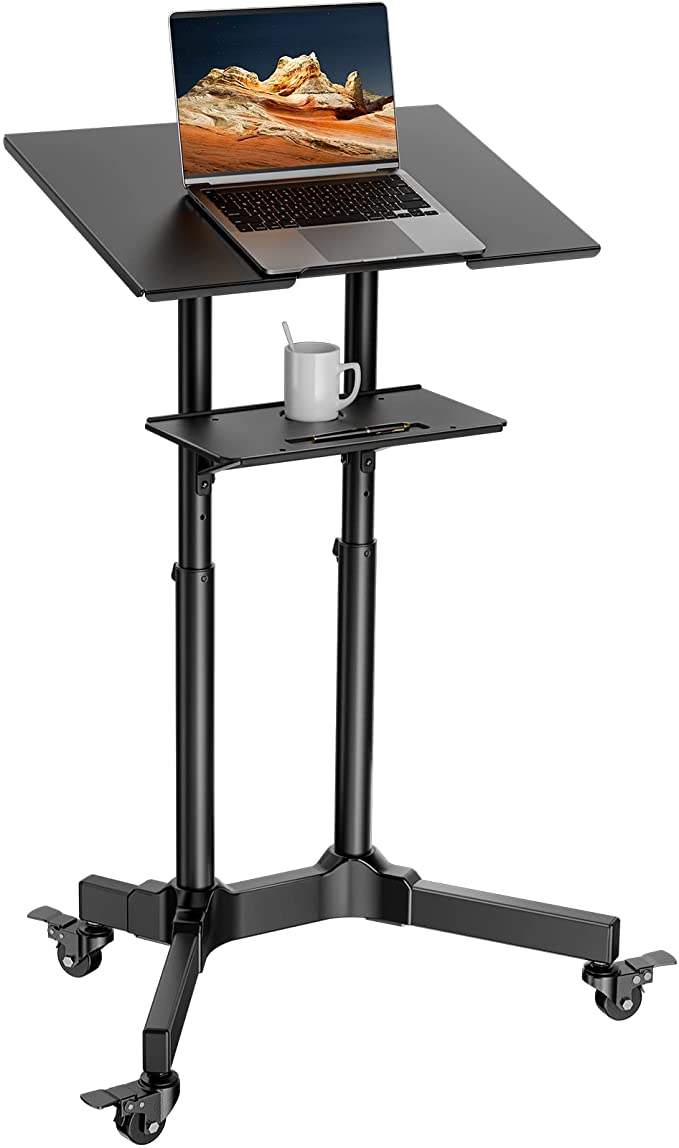 Perlegear Mobile Standing Laptop Desk Converter Sit Stand Home Office Desk Workstation W/Height Adjustable from 40.6"-49.2" Rolling Podium Lectern with Wheels, PGLMC01