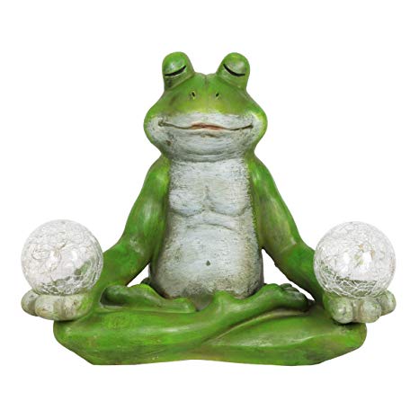 Exhart Solar Yoga Frog Holding 2 Glass Balls Garden Statue - Hand-Painted Resin Statue of a Green Frog in Cross-Legged Meditation Pose w/Solar LED Lights Glass Orbs, 11" Wide x 9" Inches Tall