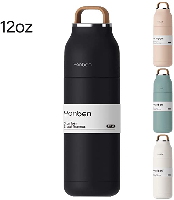 Stainless Steel Water Bottle, Yanben Vacuum Cup Leakproof 12oz with Soft Silicone Handle, Insulated lid Doubles as Portable Coffee Cup for Office or Outdoor