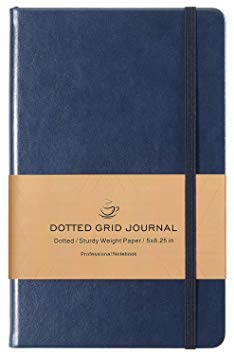 Dotted Bullet Grid Journal - Dot Grid Hard Cover Notebook, Premium Thick Paper with Fine Inner Pocket, Navy Smooth Faux Leather, 5''×8.25''