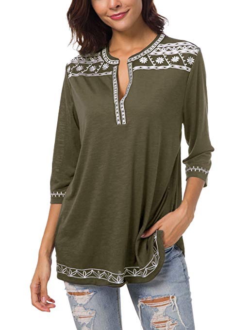 Urban CoCo Women's 3/4 Sleeve Boho Shirts Embroidered Peasant Top