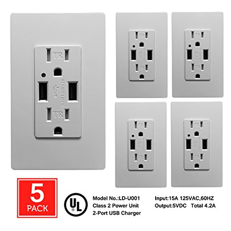[5 Pack] SECKATECH 4.2A Smart High Speed Dual USB Charger Wall Outlet, 15A Tamper Resistant Outlet, Each Charging Receptacle with 10 Free Wall Plates-White (UL Listed)