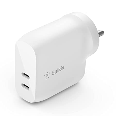 Belkin Dual USB-C 40W PD Wall Charger, Power Delivery 3.0 Certified, Compact Size, Fast Charging, Universally Compatible, Each Port Delivers 20W of Power- White (WCB006zbWH)