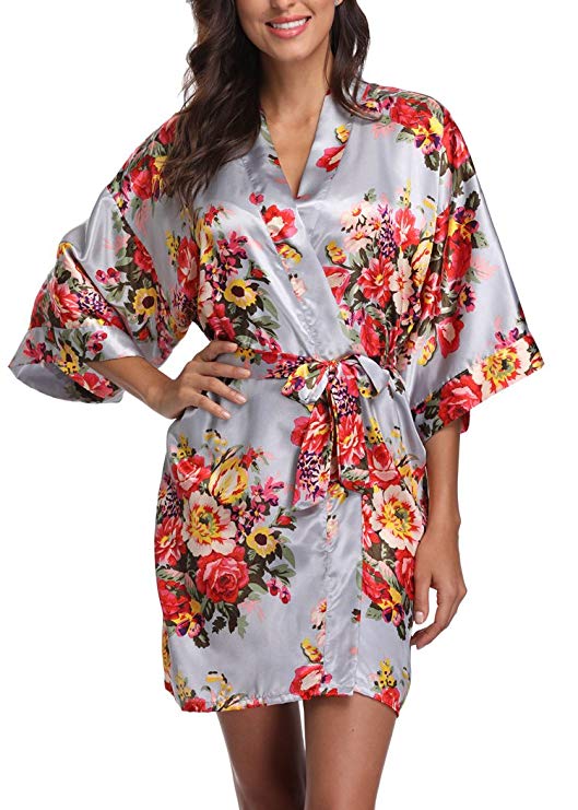 Floral Satin Kimono Robes for Women Short Bridesmaid and Bride Robe for Wedding Party