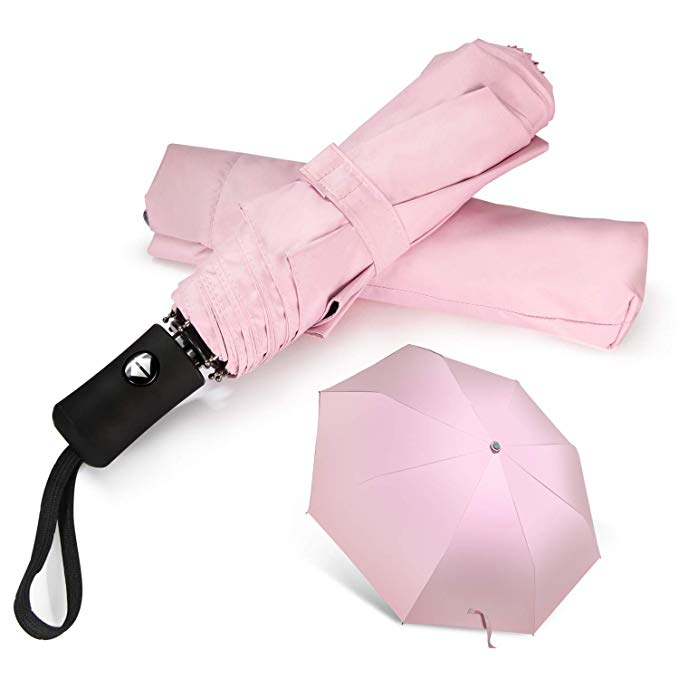 Travel Umbrella Compact Auto Open Close Womens Sun Rain Folding Umbrella with Sleeve Pink