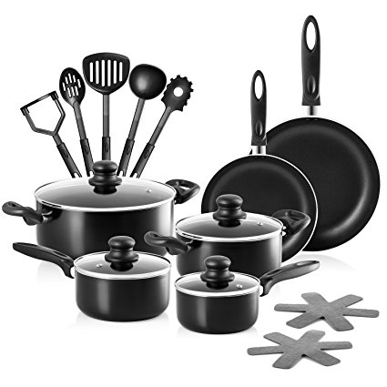 Chef's Star 17 Piece Professional Grade Aluminum Non-stick Pots & Pans Set - Induction Ready Cookware Set - Black