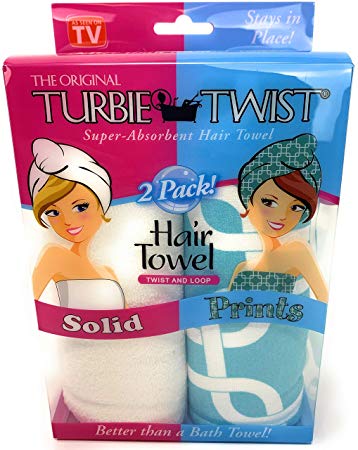 Turbie Twist Microfiber Hair Towel Wrap [2 Pack] – The Original Microfiber Hair Wrap As Seen On TV! Solid - Prints in White and Blue Geo Hair Turban Towel Wraps Plopping Towel for Long and Curly Hair
