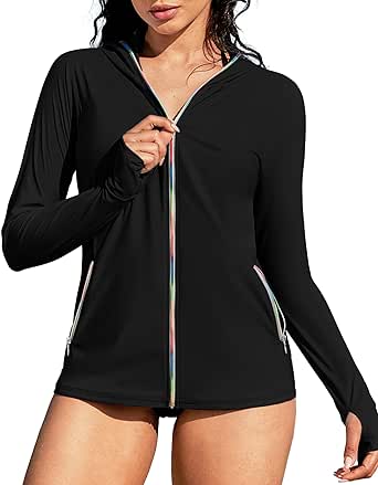 ATTRACO Rash Guard for Women Long Sleeve Swim Shirts Zip Up Hoodie with Thumb Hole & Side Pockets