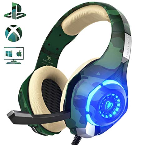 Gaming Headset for PC PS4, Beexcellent Stereo Surround Sound Gaming Headphones with Noise Cancelling Microphone Volume Control LED Lights for Xbox One Laptops Mac Smartphone