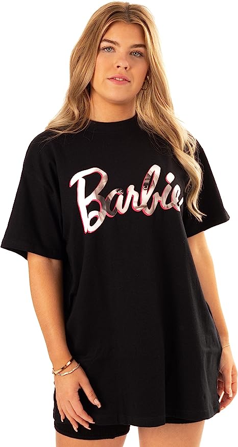 Barbie Oversized T-Shirt Womens Ladies Doll Logo Black Top Clothes