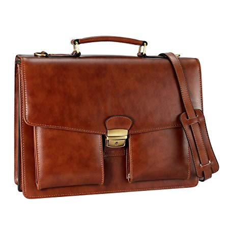 DanPi Leather Briefcase for Men Cowhide Laptop Briefcase with Lock 14 inch Brown