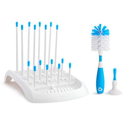 Baby Bottle and Sippy Cup Cleaning Set, Includes Countertop Drying Rack and Bristle Bottle Brush, Blue