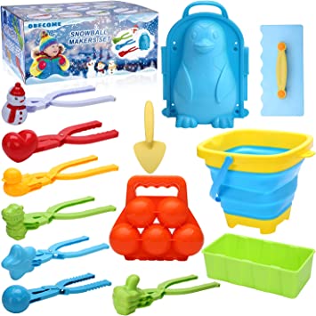 Obecome 13Pcs Snowball Maker Tool Winter Snow Toys Kit with Penguin Snow Mold Duck Snowman Heart Snowball Maker, Snow Shovel and Bucket for Kids Adults Outdoor Snowball Fight Sand Snow Molds Toys