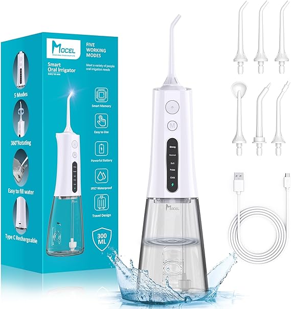 Water Dental Flosser Cordless Teeth Cleaning MOCEL 5 Modes Oral Irrigator 300ML Portable and USB C Cable Rechargeable IPX7 Waterproof Flossing Teeth Pick Irrigation Cleaner for Home Travel (White)