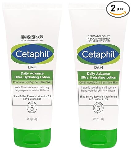 Cetaphil DAM Daily Advance Ultra Hydrating Lotion for Dry, Sensitive Skin| 30 g| Moisturizer with Shea Butter| Non-Greasy, Fragrance-Free| Paraben, Sulphate Free (Pack of 2)