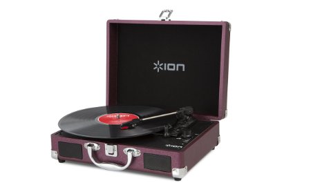 Ion Audio Vinyl Motion 3-Speed Belt Drive Suitcase Turntable with Built-In Speakers Raspberry