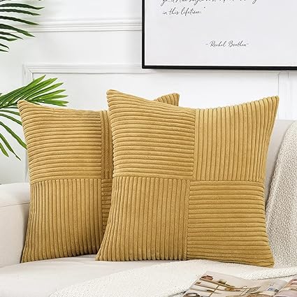 Fancy Homi 2 Packs Mustard Yellow Decorative Throw Pillow Covers 22x22 Inch for Living Room Couch Bed Sofa, Farmhouse Boho Home Decor, Soft Corss Corduroy Patchwork Accent Square Cushion Case 55x55 cm