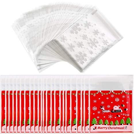 Tatuo 200 Pieces Christmas Clear Candy Bags Self Adhesive Cellophane Treat Bags Cookie Bags with Snowflake Christmas Elk Patterns for Party Supplies, 2 Styles Cookie Bags