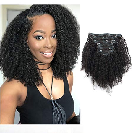 Sassina Afro Coily Clip on Hair Extensions Human Hair For Black Women Double Wefts Remy Kinky Curly Style Clip on 7 Pieces 120 Grams With 17 Clips 4AC 14 Inch