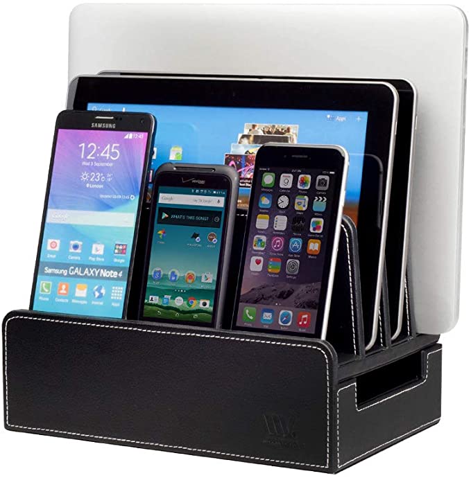 MobileVision Charging Station Slim Black Faux Leather Executive Stand and Docking Organizer for Multiple Devices, Smartphones, Tablets, & Laptops