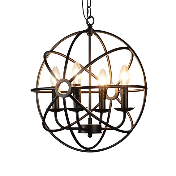 BAYCHEER HL422105 Industrial Vintage Retro LOFT style wrought iron Metal Globe Cage Round Pendant Lamp Fixture Pendant Light Chandelier with 4-light