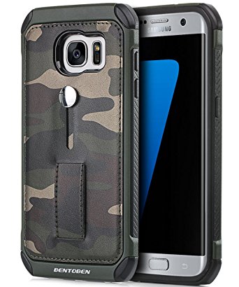 Galaxy S7 Edge Case, BENTOBEN [Built-in Kickstand] Faux Leather with TPU Hard Cover Hybrid Dual Layer Camouflage Bumper Protective Case for Samsung Galaxy S7 edge, Green