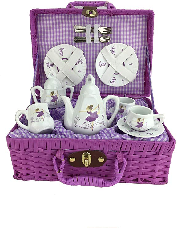 Delton Porcelain Tea Set in Basket, Purple Dancer