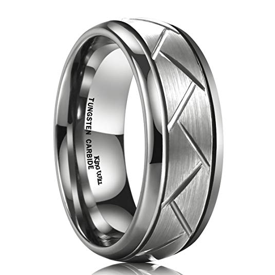 King Will TYRE Men's 8MM Domed Grooved Tungsten Carbide Ring Brushed Wedding Band