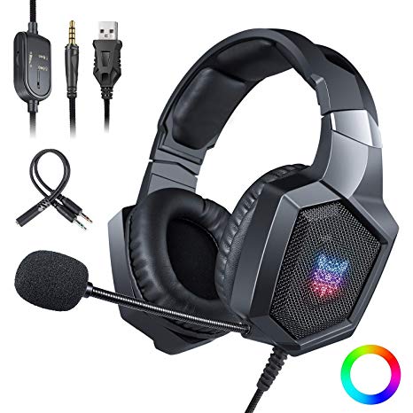 Gaming Headset with Mic and USB RGB LED Light,Lightweight Stereo Sound Over Ear Headphones,Soft Memory Earmuffs & Noise Cancelling & Volume Control (Black)