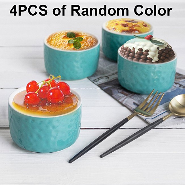 Bakeware Set, Krokori 8 oz Souffle Dish Brulees Dish Pudding Cups Ceramic Baking Casserole for Cooking, Kitchen, Cake, Dinner, Banquet and Daily Use - ( Random Color, 4-Pieces of Ramekins)