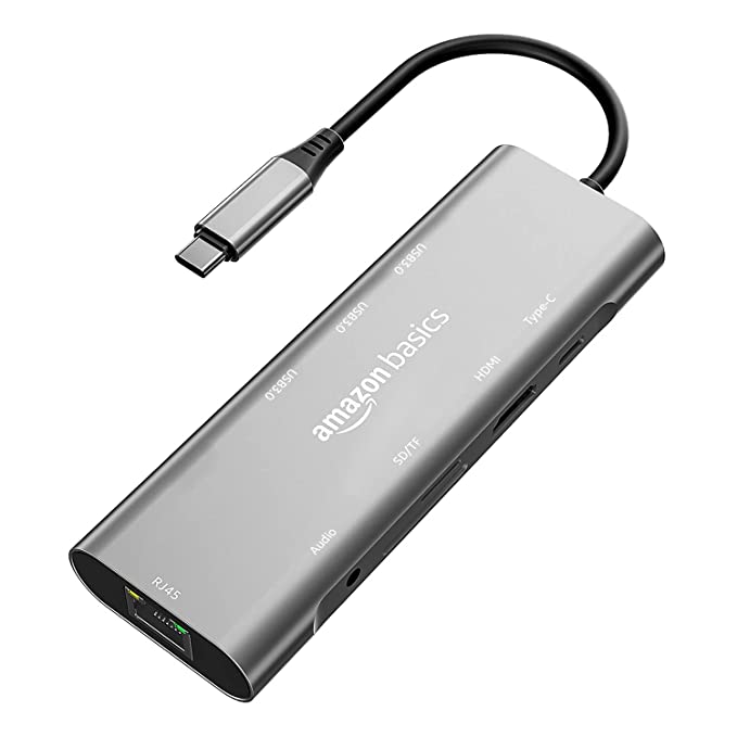 Amazon Basics USB-C Hub Dock 9-in-1 Aluminium Type-C Adapter with 4K HDMI, Ethernet 1000mbps Port, 3 USB 3.0, USB-C Power Delivery, 3.5mm Audio only, TF/SD Card Reader, Mac & Windows USB-C Devices