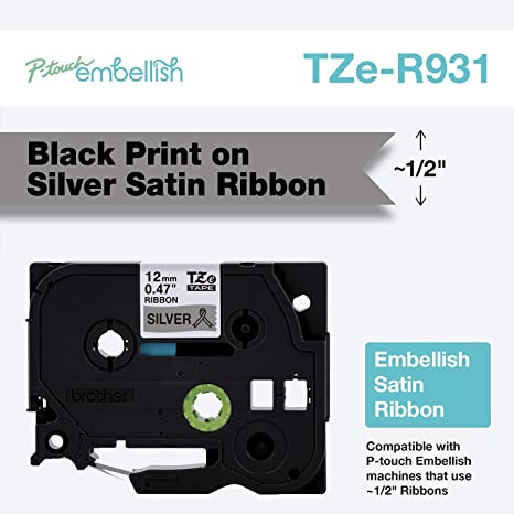 Brother P-Touch Embellish Print TZER931 Satin Ribbon, Black on Silver