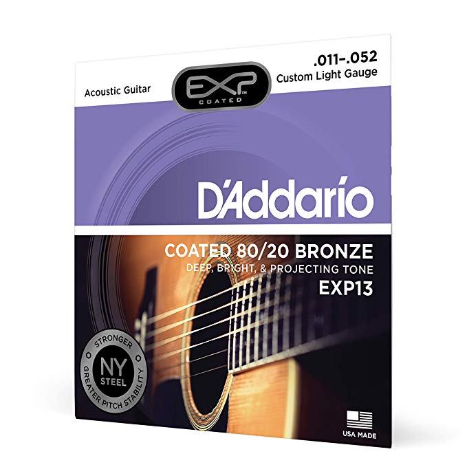 D'Addario EXP13 with NY Steel 80/20 Bronze Acoustic Guitar Strings,Coated, Custom Light, 11-52