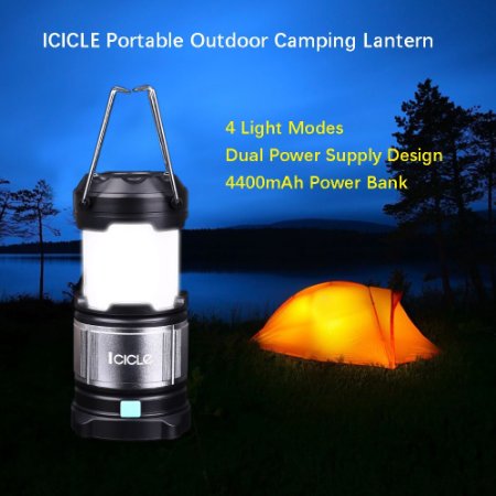 Led Camping Lanterns Flashlights with 4400 mAh USB Power Bank, 4 Light Modes (White, Red) ICICLE Outdoor Portable Tent Lights for Hiking, Reading, Awning, Hurricanes, Outages - Black