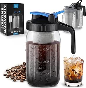 Zulay Premium Cold Brew Coffee Maker - 32oz Mason Jar Pitcher - Extra-Thick Glass & Stainless Steel Filter - Leak-Proof Lid With Air-Tight Seal For Fresh Cold Brew & Iced Tea - Blue