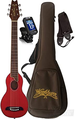 Washburn RO10STRK-A Rover Spruce Top Acoustic Travel Guitar with Bag (Translucent Red)