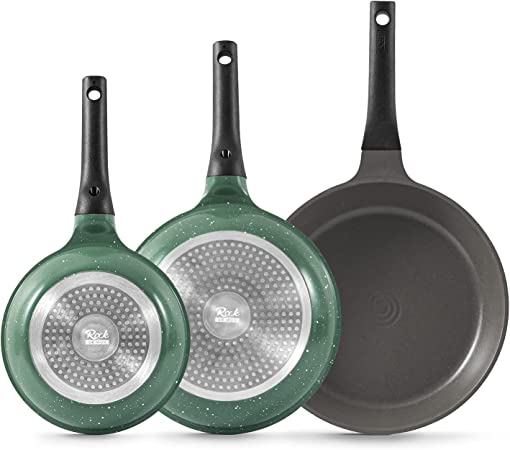 Rockurwok 1-TSP Pro Ceramic Nonstick Frying Pan Set, 3 Pcs Skillet, Concentric Ring Design for Less Oil Cook, Universal Base For Stovetop, Dishwasher Safe | PFAS Free, 8in 9.5in 11in, Green
