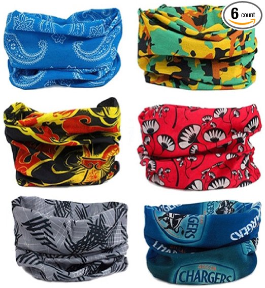 SmilerSmile 6pcs Assorted Seamless Outdoor Sport Bandanna Headwrap Scarf Wrap, 12 in 1 High Elastic Magic Headband & Collars Muffler Scarf Face Mask with UV Resistance