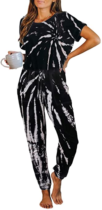ZESICA Women's Tie Dye Printed Short Sleeve One Piece Jumpsuit Long Pants Loungewear PJ Sets Nightwear with Pockets